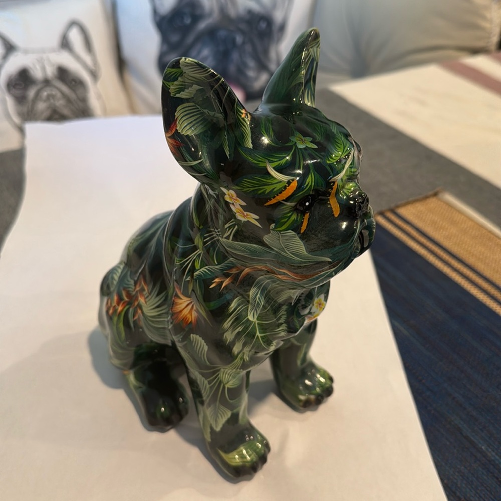 French Bulldog Statue - Dark Green Floral Pattern NIB